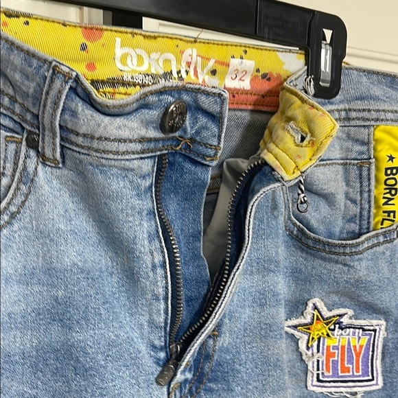 Born Fly Men’s Yellow and Red Art Patchwork Slim Straight Jeans Sz 34 - Picture 7 of 10